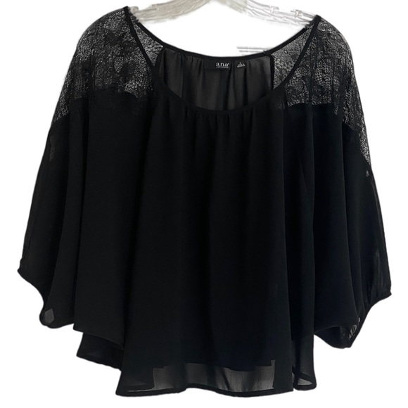 Black Flowy Chiffon Lace Round Boat Neck Quarter Sleeve Dressy Blouse Siz Medium - Picture 5 of 14